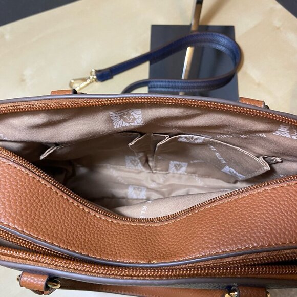 Anne Klein Navy & Cognac Pebbled Satchel with Crossbody Strap - Picture 5 of 9